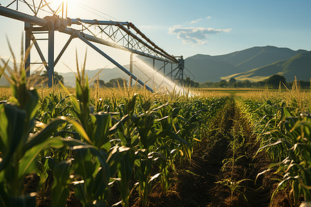 金色阳光下的农田灌溉图片