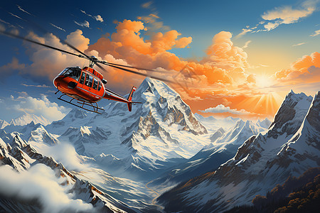夕阳下的登山直升机图片