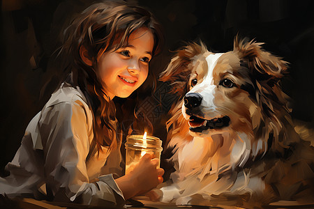 小女孩拿着蜡烛依偎着小狗高清图片