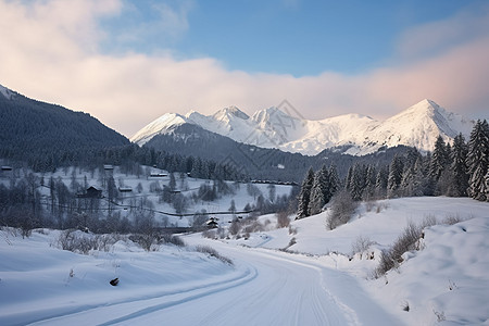 冬季大雪覆盖的山间景观图片