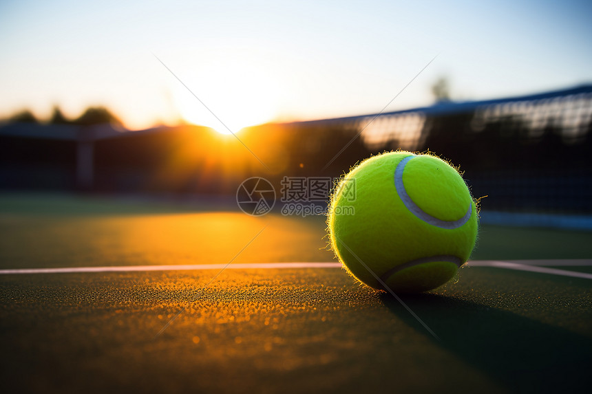 网球场上的黄色网球图片