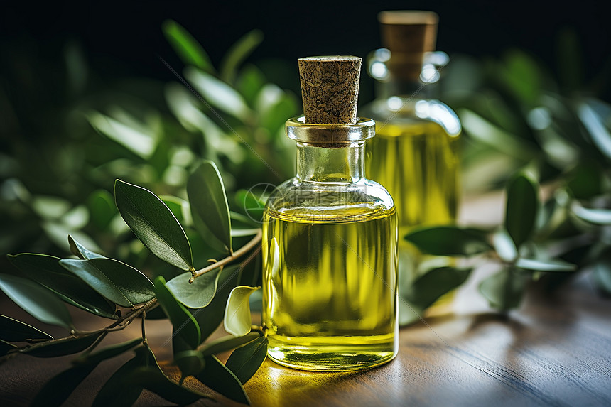 玻璃瓶中健康的橄榄油图片