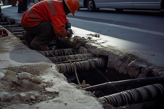 正在铺设地下电缆的工人图片