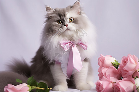 可爱的猫咪戴着粉色蝴蝶结图片