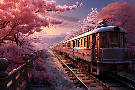 樱花道上的火车图片