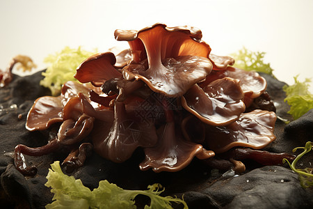 白菜木耳岩石上的蘑菇背景