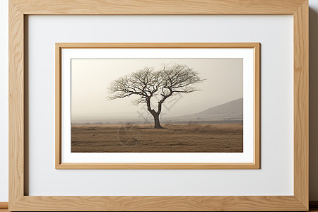 橡木木框里的山林画像背景图片