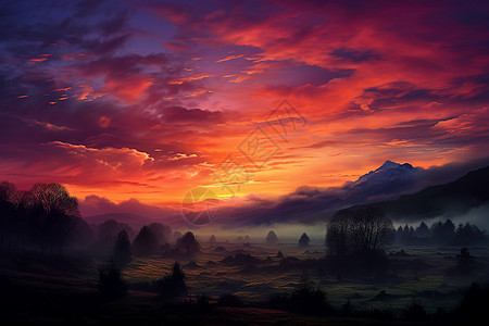 火红云彩下的山野图片