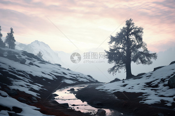 晨曦冰雪覆盖山间景观图片