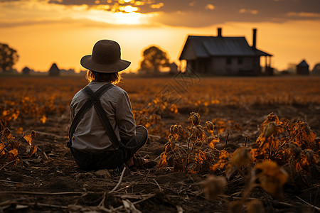 夕阳下孤独的农夫背影图片