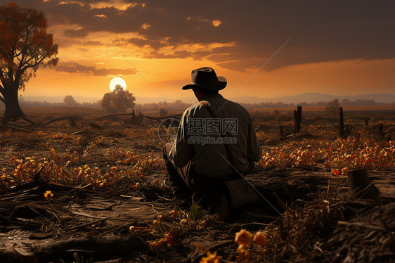 秋季枯萎农田中孤独的农夫图片