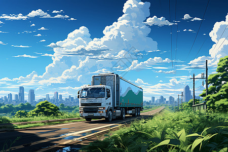 乡村道路上行驶的卡车插图图片