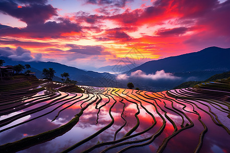 山线条绚丽晚霞中美丽的梯田景观背景