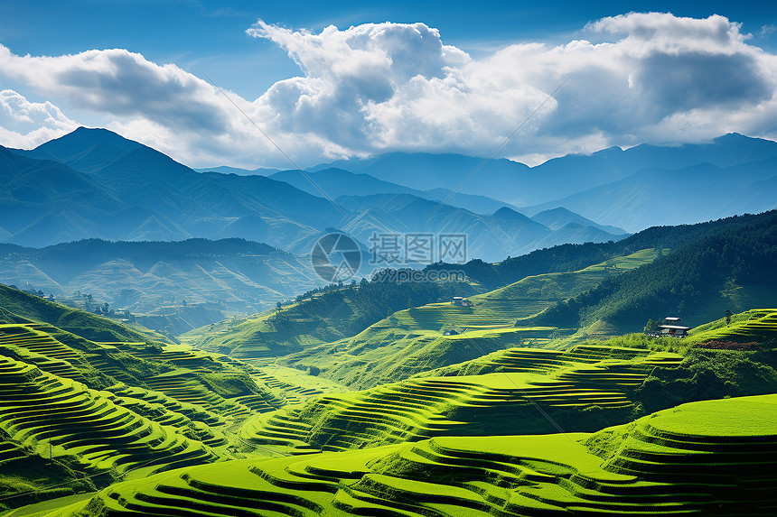 蓝天下壮观的梯田景观图片