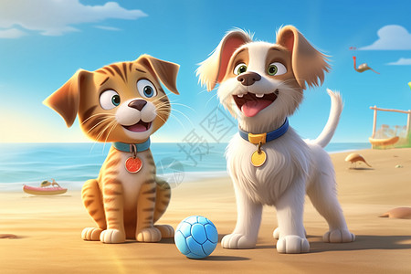 沙滩上玩耍的卡通小狗图片