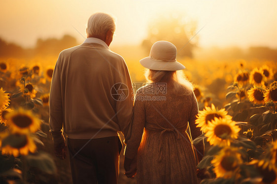 花田中浪漫的老年夫妇图片