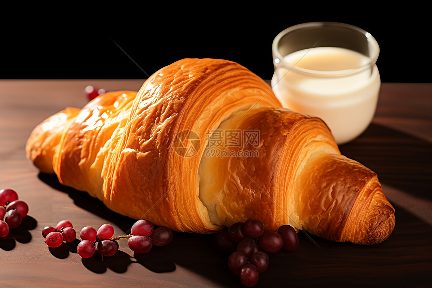 早晨美味可口的牛角面包图片
