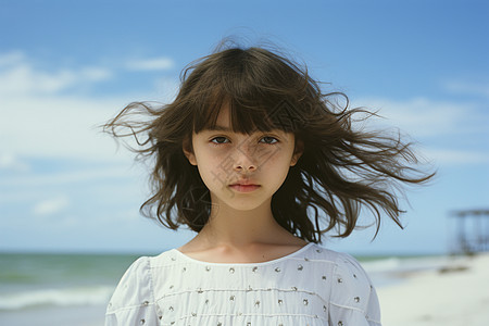 海边头发飘逸的可爱女孩图片