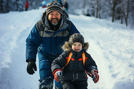 冬季山间开心玩耍的父子图片
