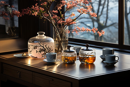 阳光下典雅的中式茶艺图片
