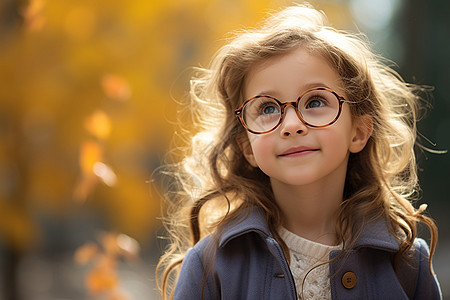 秋天里戴眼镜的小女孩高清图片