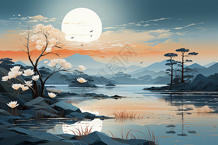 远山夕阳白露时节的静谧湖景插画