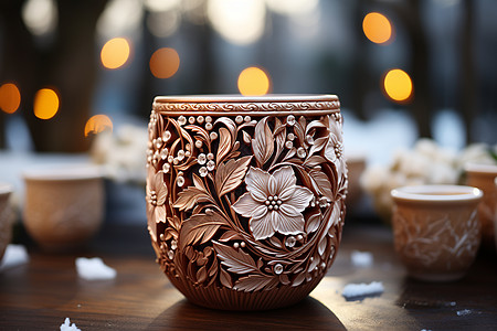 手绘动图陶瓷杯上精致的花卉背景