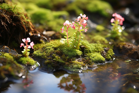 苔藓中生长的粉色小花图片
