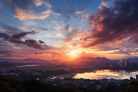 城市湖泊与山脉下的日落背景图片