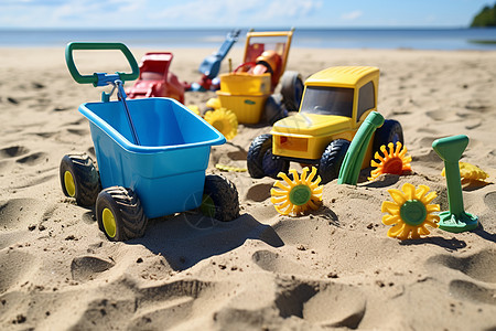 沙滩上种类多样的玩具图片