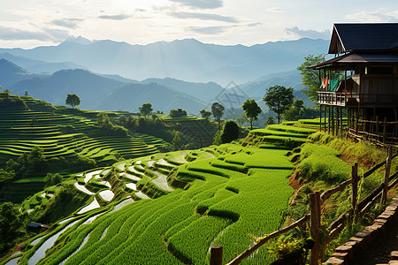 稻田青翠农家风景高清图片