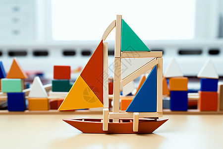 彩色几何形状的七巧板帆船图片