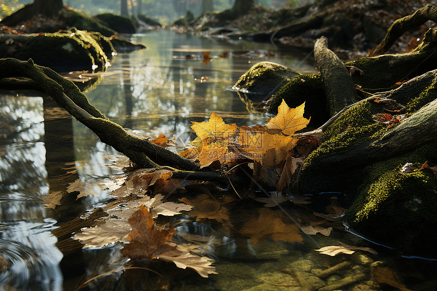 秋季溪流中枯萎的落叶图片