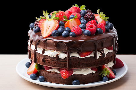 新鲜烘焙的水果巧克力奶油蛋糕图片