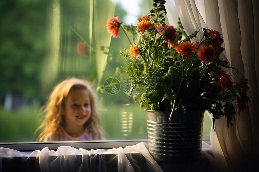 窗边水桶中的鲜花花束图片