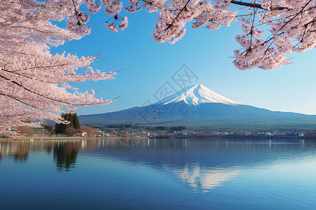 樱花倒映下的富士山景观背景图片