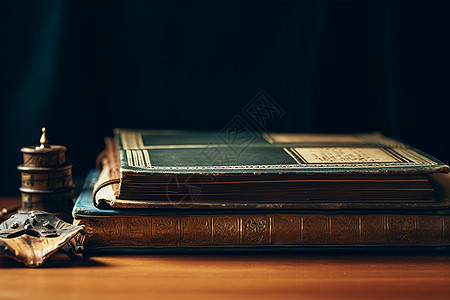 桌面上珍藏的古典书籍背景图片