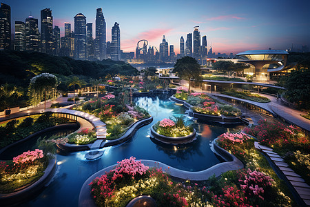 夜景花园夜色倒影城市背景