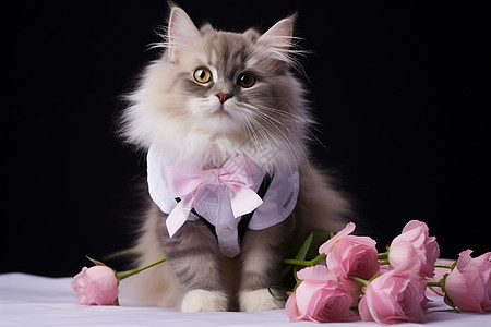 粉色玫瑰和宠物猫咪图片