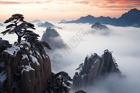 黄山冬天迷雾笼罩的黄山山峰背景