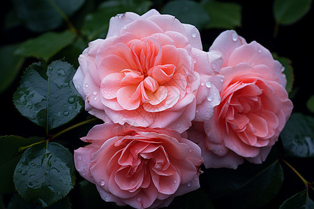 三朵带有水滴的粉色玫瑰图片