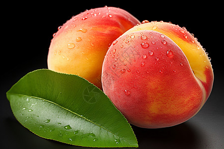 水滴挂在两个带叶子的桃子上背景图片