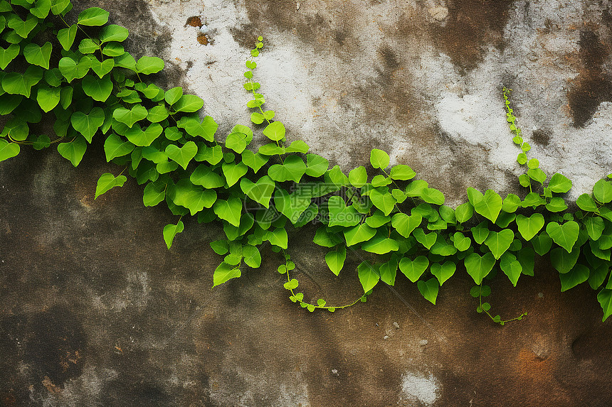 绿色植物攀爬在石墙上图片