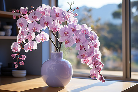 花瓶前粉色花朵高清图片