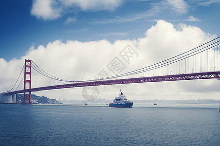 一艘船从大桥下驶过图片