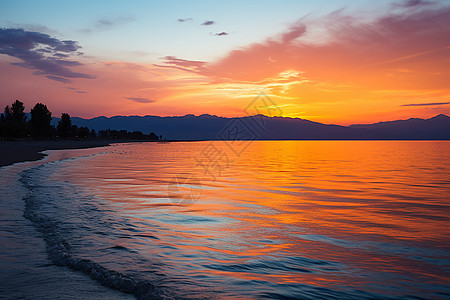 沙滩凉亭日落的海岸线背景