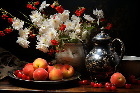 水果花朵与陶器图片