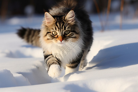 冬季雪漫步独雪地中奔跑的猫背景