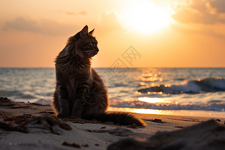 可爱背景海边日落时的猫咪（生活方式）背景
