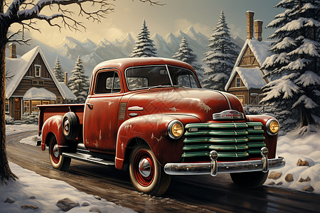 美国圣诞节放假时间冬日里的红色卡车插画